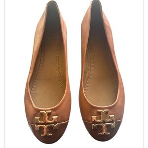 Tory Burch Tan Leather Flats with Signature Logo